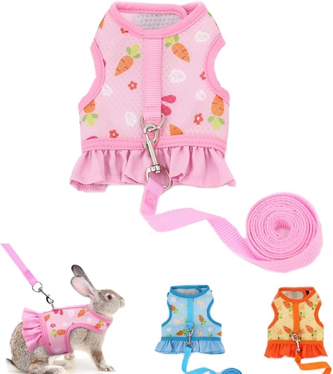 Bunny Harness and Leash, Guinea Pig Clothes Ferret Rabbit Rats Hamster Soft Mesh Escape-Proof Vest Set Cute Carrot Pattern for Chinchilla Small Animals Kitten Puppy Pink S