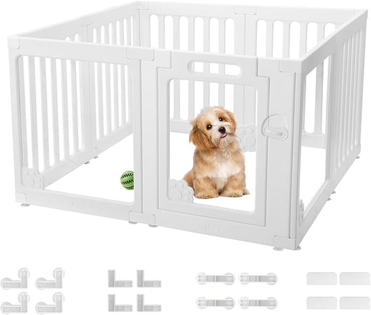 Dog Fence Pet Playpen Clear Acrylic Puppy Cat Small Play Pen Indoor Foldable Kennel Whelping Box for Dogs with Gate (5 Plastic Panels+3 Transparent Panels)