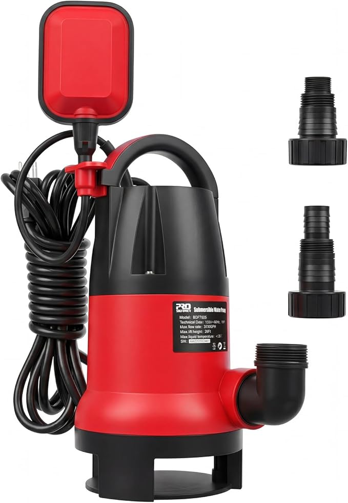 Sump Pump, Prostormer 1HP 3700GPH Submersible Clean/Dirty Water Pump with Automatic Float Switch for Pool (Red)
