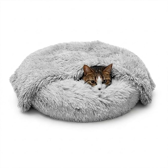 Whiskers & Friends Cat Beds for Indoor Cats, Fluffy Calming Donut Cat Bed, Small Dog Bed Washable - Orthopedic Soft Plush Pet Beds Sized for Kitten to Large Cats & Puppy to Small Dogs - Light Grey C