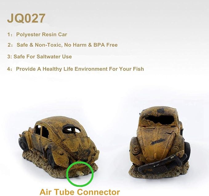 Aquarium Resin Ornament Decor, Imitation Car Wreck with Air Stone | Unique sunken car decoration for fish tank, Works with air pump to create bubble effect. Safe resin,non-toxic for fish