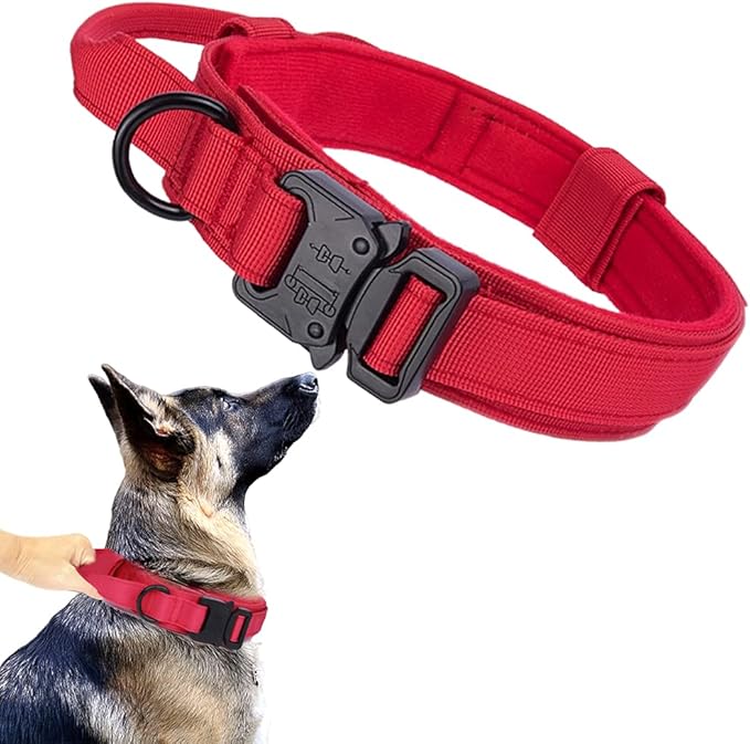 Xqpetlihai Tactical Dog Collar Adjustable Military Nylon Dog Collar with Control Handle and Heavy Duty Metal Buckle for Medium and Large Dogs (Red,XL)