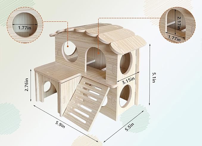 Wood Hamster House, Fun Tiny Hamsters Hideout, Detachable Double-Decker Hut for Dwarf Gerbil Mouse Mice Rat Small Animals(Only for Small Hamster)