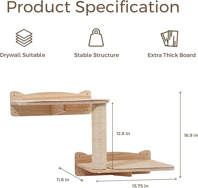Cat Wall Shelves, 2-Tier Cat Shelves with Sisal Scratching Post, Sisal Mat Solid Pine Wood Wall Mounted Cat Climbing Furniture, Modular Design