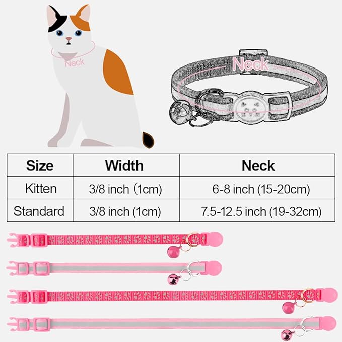 Taglory Kitten Collar Breakaway with Bell, Reflective Soft Cat Collar for Small Kittens, Adjustable 6-8 Inch High Visibility Night Strip, Lightweight for 2-6 Months Baby Cats, 2 Pack, Pink