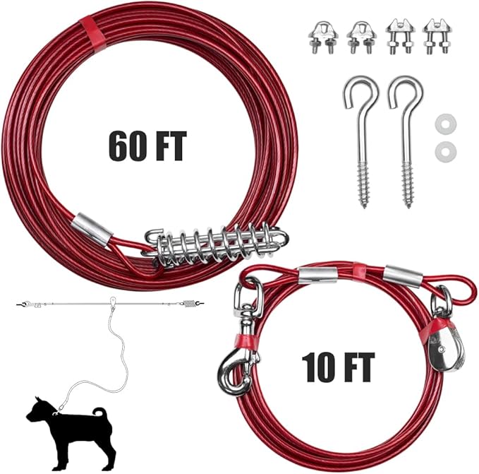 BV 60ft Aerial Pet Trolley System with 10ft Pulley Lead - Heavy Duty Dog Tie Out for Yard up to 125 lbs, Reflective Run Cable (Not a Leash, Bare End)