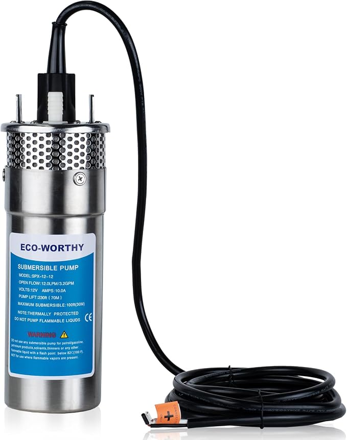 ECO-WORTHY 12V DC Submersible Deep Well Pump, IP65 Waterproof, MAX Flow 3.2GPM, Max Head 230ft, Water Pump Powered by Solar or Battery for Irrigation, Deep Well Water Extraction, Off-Grid Use
