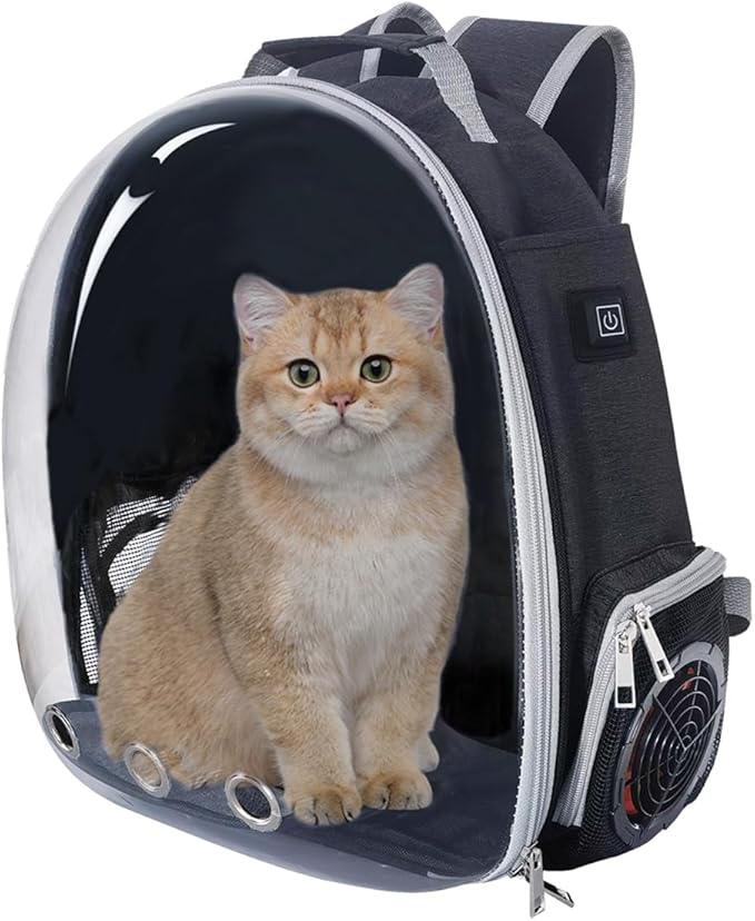 Cooling Fan Pet Backpack Carrier,Airline Approved Transparent Bubble Backpack for Cats, Dogs, Puppies Built-in Side Fan for Active Ventilation & Comfort Travel and Outdoor (Black)