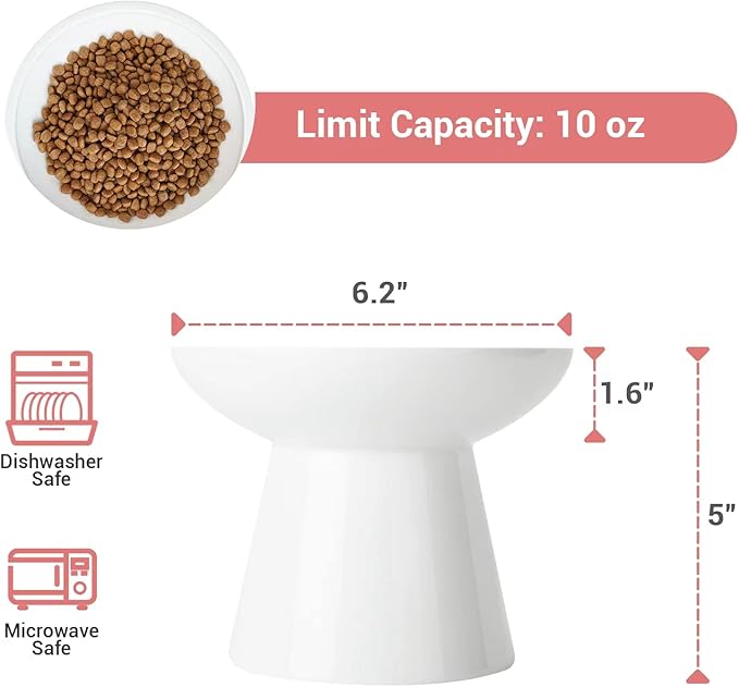 CEEFU Extra Wide Elevated Ceramic Cat Bowl - 6.2" Shallow Dish for Whisker Fatigue Relief, 5" Height for Easy Feeding, Lead & Cadmium Free, Durable Raised Cat Food Bowls, White