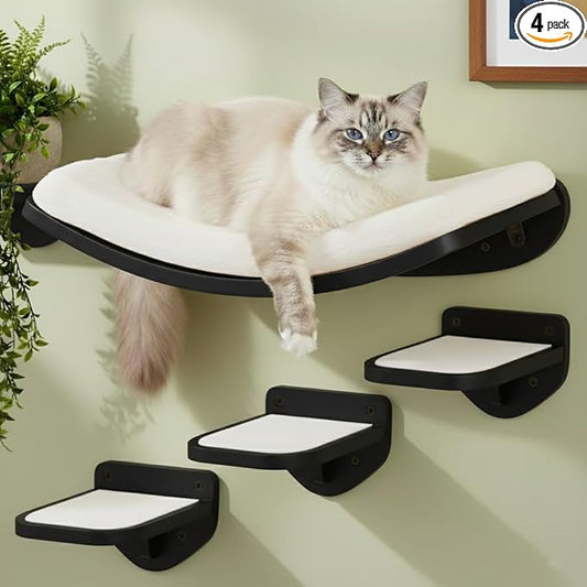 Cat Wall Shelves, Black Finish – Floating Cat Furniture with Curved Bed & Steps | Modern Minimalist Wood Climbing Shelves Set of 4 for Indoor Cats, Sturdy Wall-Mounted Design