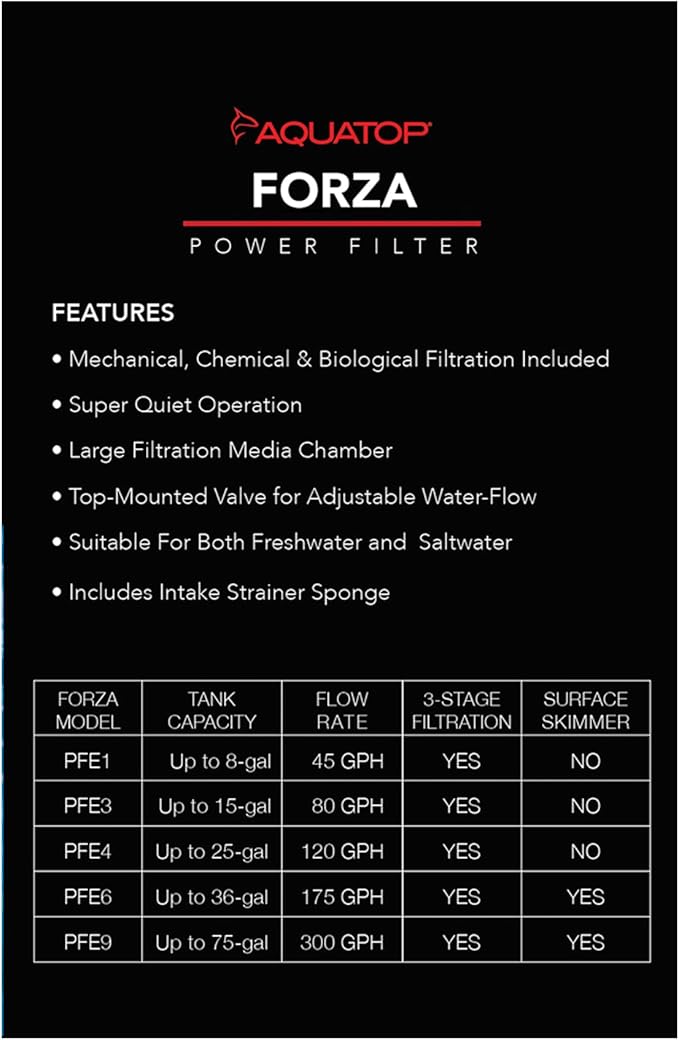 Aquatop Forza 45 GPH Power Filter for Aquariums – for 5-15 Gal Freshwater & Saltwater – Advanced Filtration Design for Crystal Clear Water – PFE-1