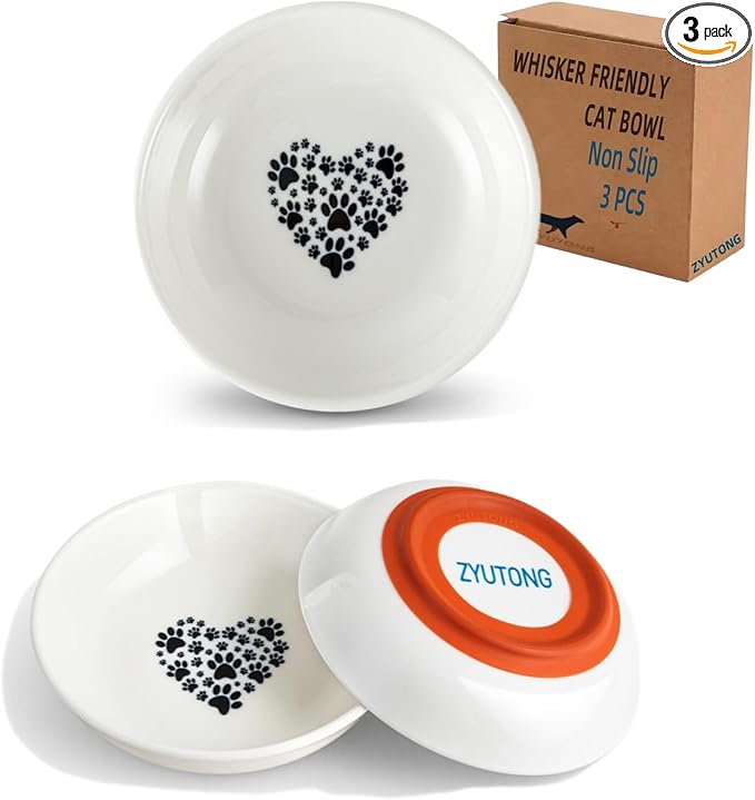 Ceramic Cat Bowl Whisker Friendly – 3 Pack Shallow Wide Cat Food Bowls, 5.5″ Non‑Slip Cats Dishes Silicone Base, Dishwasher & Microwave Safe, Indoor Cats Food & Water Bowl – Cute Heart Paw Design