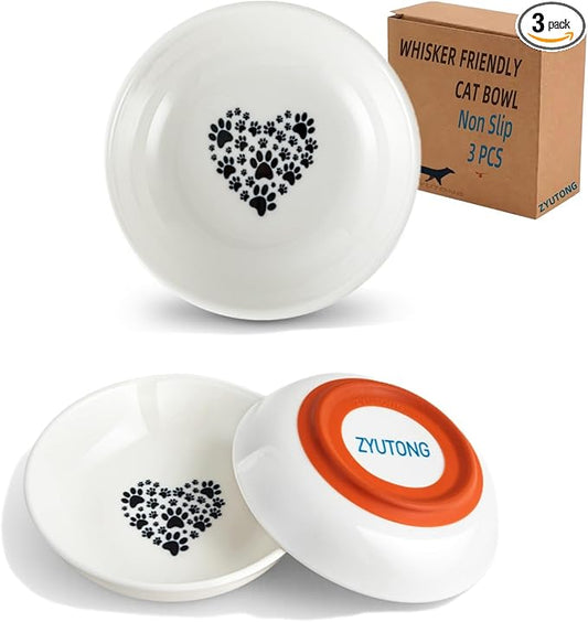 Ceramic Cat Bowl Whisker Friendly – 3 Pack Shallow Wide Cat Food Bowls, 5.5″ Non‑Slip Cats Dishes Silicone Base, Dishwasher & Microwave Safe, Indoor Cats Food & Water Bowl – Cute Heart Paw Design