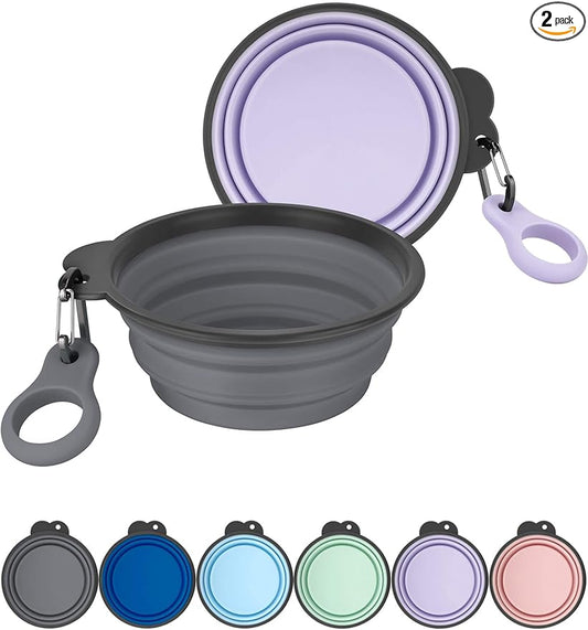 Aonkey Collapsible Dog Bowls with Bottle Carrier, 2 Pack Travel Dog Water Bowl Upgraded Carabiner, One-piece Molded Rim No Fall Off or Crack, Foldable Silicone Portable for Pets Walking Hiking 15oz