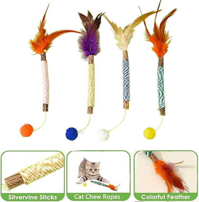 Vintage & Haven ﻿ 4 Pcs Natural Silvervine Sticks Cat Toys, Feather Style, Kittens Chew Toys for Teeth Cleaning, Matatabi Dental Care Cat Treat, Consumable Kitty Lick Toys