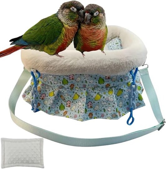 2 in 1 Warm Bird Carrier Bag, Bird Hammock Bed for Cage, Winter Travel Bag, Portable Parrot Outing Bag for Lovebird, Budgie, Conure, Quaker, Small Medium Birds (Blue,Medium)