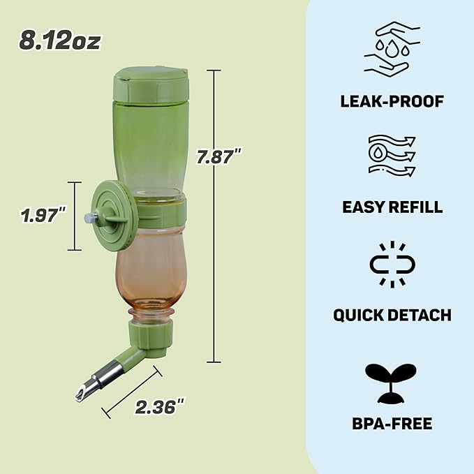 Leak-Proof Small Animal Water Bottle for Chinchillas, Guinea Pigs & Rabbits, Bird & Parrot Water Dispenser (Green, 8.12oz)