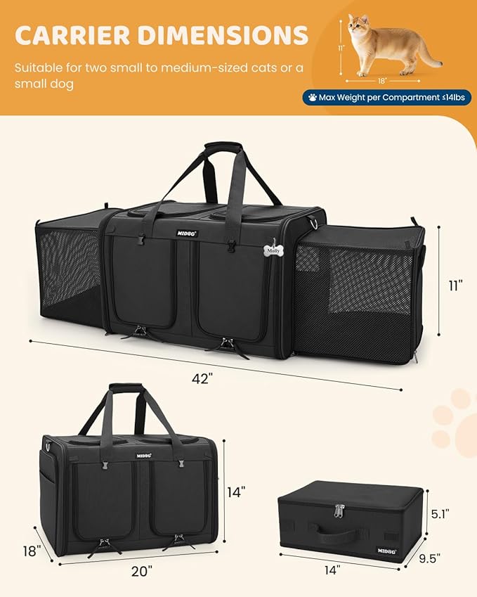 MIDOG 2 Cat Carrier with Litter Box, Expandable Dual Compartment Cat Carrier for 2 Cats, Large Soft Sided Double Pet Carrier for Car Travel, Moving