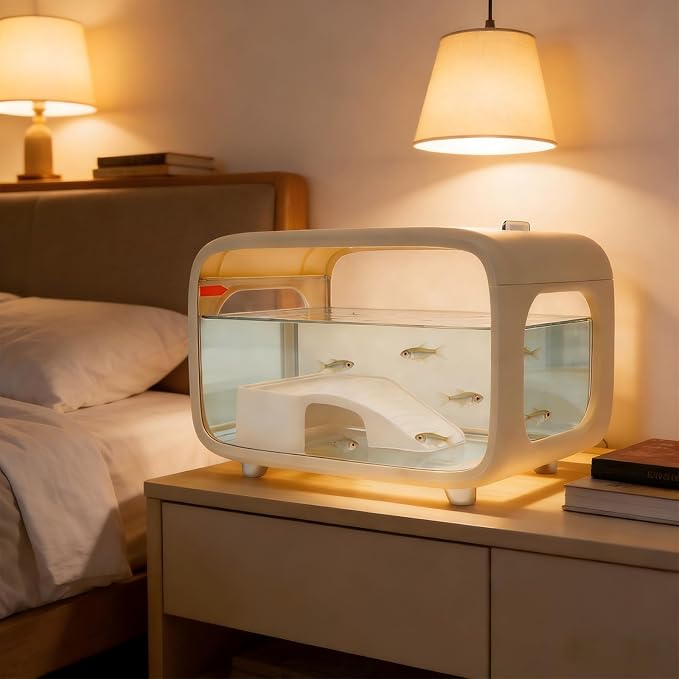 3.17-Gallon Cube Fish Tank, Modern Desktop Brown Fish Bowl with Feeding Hole, Compact Aquarium for Betta, Shrimp, Guppy, Goldfish, Home Office Desk Decor (White)