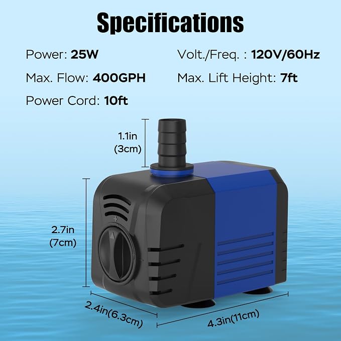 400GPH Submersible Pump(1500L/H, 25W), Water Fountain Pump with Over Heating Protection, Ultra Quiet Water Pump for Aquariums, Ponds, Hydroponics, Fountains