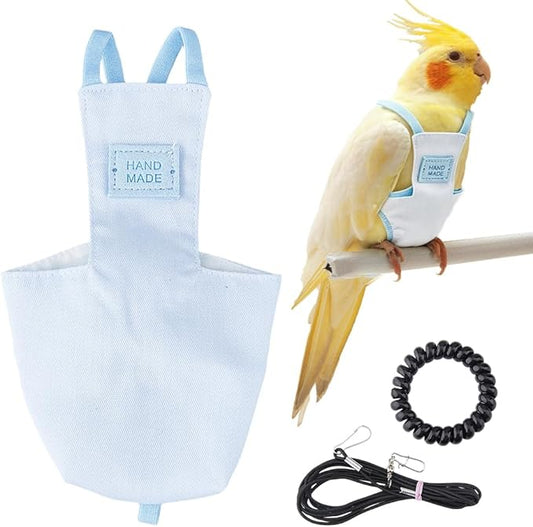 SUPERFINDINGS Snap-Closure Parrot Diaper with Leash 1Pc 5.04x2.95 Inch/128x75 mm Washable Bird Flight Suit 8.5 mmThick 2.09Inch Adjustable Rope for Cockatiel Parrots Travel Perch Light Sky Blue