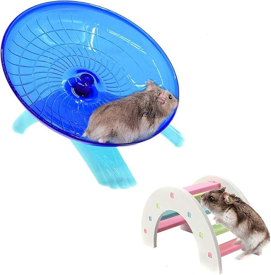 2 Pack Dwarf Hamster Flying Saucer Exercise Wheel Toy & Wood Rat Bridge Rainbow Climb-ABS Plastic Running & Jogging Silent Spinner-for Small Mouse Hedgehog Mice Cage