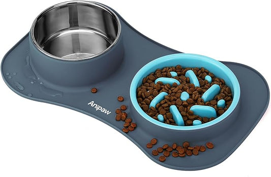Anipaw Slow Feeder Dog Bowls 3 in 1 Stainless Steel Dog Food and Water Bowls with Non-Spill and Non-Skid Silicone Mat to Slow Down Eating for Large Medium Small Breed Size Dogs and Cats