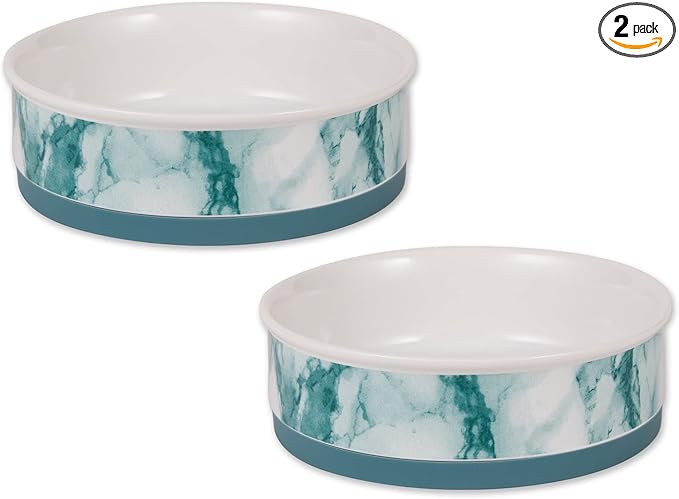 Bone Dry Ceramic Marble Non-Slip Pet Bowls, Dishwasher Safe, Large Set, 7.5x2.4, Teal, 2 Count
