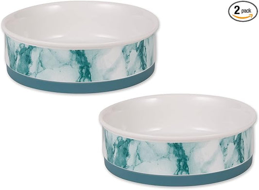 Bone Dry Ceramic Marble Non-Slip Pet Bowls, Dishwasher Safe, Large Set, 7.5x2.4, Teal, 2 Count