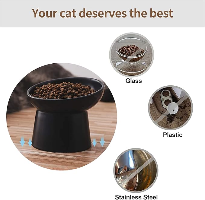 6 inch Small Ceramic Raised Cat Bowls, Tilted Elevated Food or Water Bowls, Stress Free, Backflow Prevention, Dishwasher and Microwave Safe, Lead & Cadmium Free(Black 6 inch-2pc)