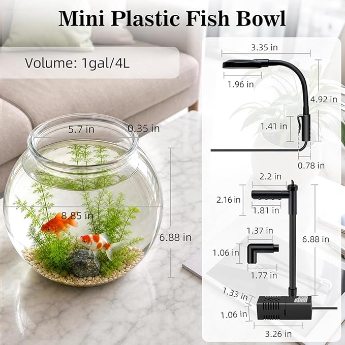 DaToo 1 Gallon Mini Fish Bowl Kit Impact-Resistant Plastic Aquarium Starter Kits with USB Filtration System and Lighting for Betta Fish Tank Goldfish Bowl Tabletop or Desktop Display