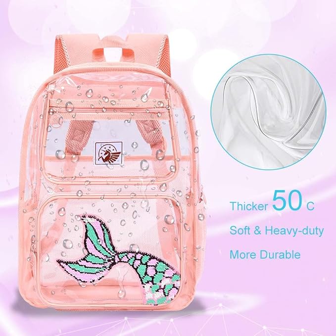 AGSDON 3PCS Clear Backpack for Girls, Kids Mermaid Transparent Backpack with Heavy Duty PVC, See Through Backpacks with Lunch Bag-Pink