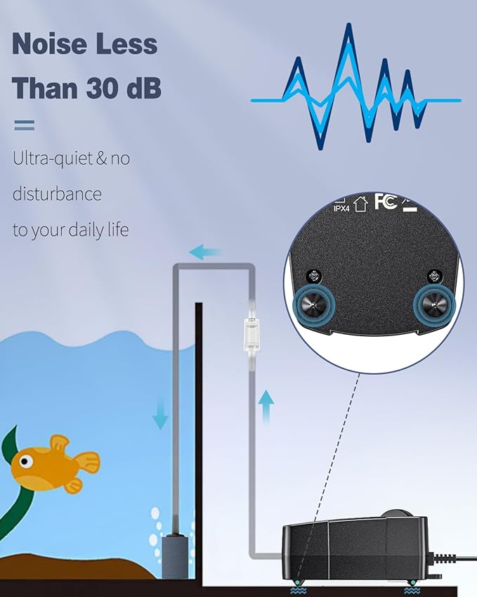 Pawfly 50 GPH Aquarium Air Pump for 10-60 Gallon Fish Tanks Dual Outlet Adjustable Ultra Quiet Aerator Pump with Airline Tubing, Air Stones Connectors, Check Valves and Nano Bio Sponge Filter