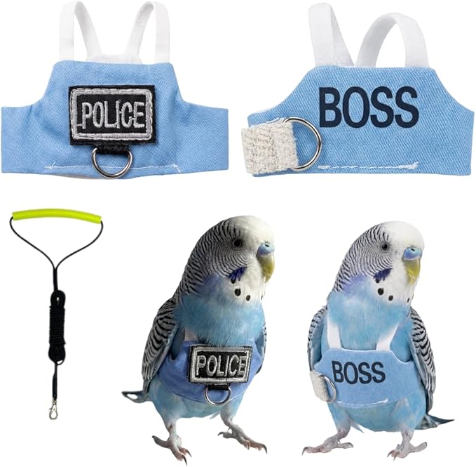 2 Pack Bird Flight Suit Vest, Adjustable Parrot Harness Clothes with Cute Design, Anti-Bite Outdoor Training Outfit for Parakeet, Cockatiel, Conure, Quaker, Budgie (XS,with Leash)