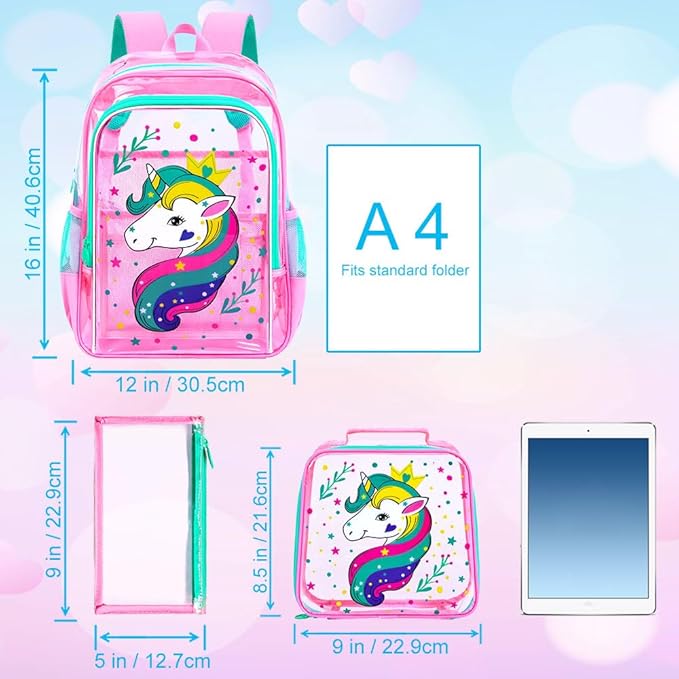 Clear Backpack for Girls and Boys, Kids Transparent Bookbag, 3PCS Cute See Through School Bag for Elementary Prechool