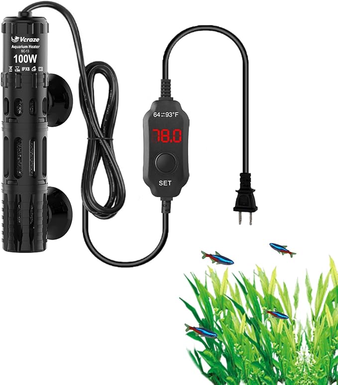 Aquarium Heater 100W, Submersible Fish Tank Heater with LED Digital Display, Auto Power-Off When Leaving Water & High Temp Protection, for Fresh and Salt Water Tanks 10-20 Gal