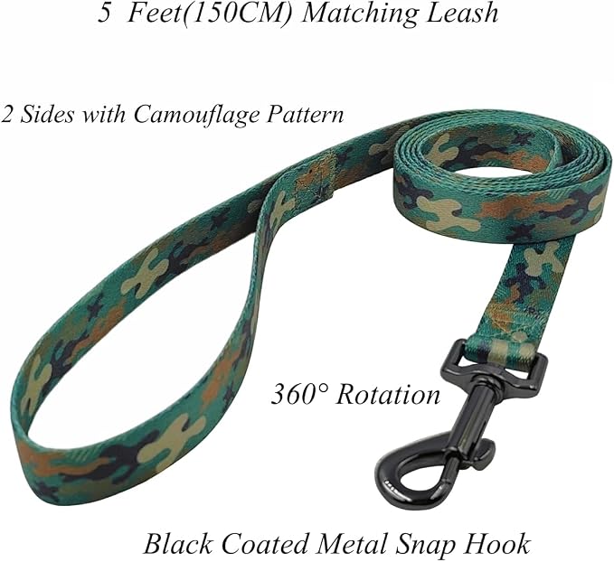 Dog Collar Leash Set, Camouflage Pattern, Polyester Material, Adjustable Collar and 5ft Matching Leash, for Large Dogs.(L, Green Camo)
