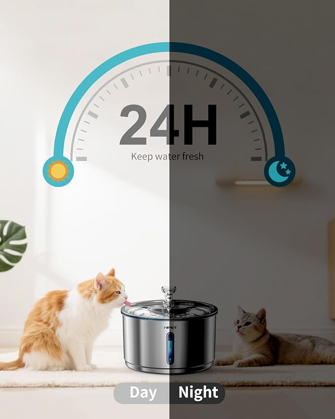 NPET Stainless Steel Cat Water Fountain, 1 Gallon/135oz Automatic Pet Drinking Fountain Dog Water Dispenser Bowl with Water Level Window for Cats Indoor - WF210Plus