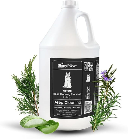 Shiny Paw Natural Deep Cleaning Organic Dog Shampoo 128 oz | Dog Itching Skin Relief with Evergreen, Aloe & Rosemary | Natural Dog Shampoo for Smelly Dogs