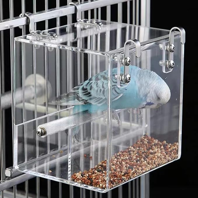 Automatic Bird Feeder for Cage, Automatic Acrylic Bird Feeder No Mess Bird Cage for Small Bird Parrots Canary Parakeet Budgerigar Crested Myna Cockatiel (L: 6.3" x 6.2" x 6.2")