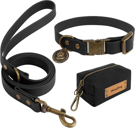 Wisedog Waterproof Dog Collar and Leash Set, Large, Black | Adjustable Puppy Collar, Cute Tag, 5FT Leash, Includes Poop Bag, For Small Medium Large Dogs