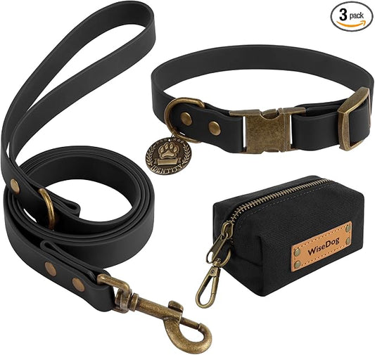 Wisedog Waterproof Dog Collar and Leash Set, XS, Black | Adjustable Puppy Collar, Cute Tag, 4FT Dog Leash, Poop Bag Included, Small Medium Large Dogs