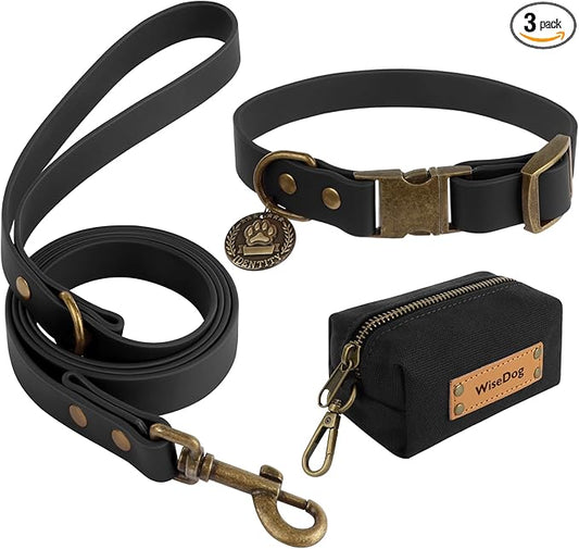 Wisedog Waterproof Dog Collar and Leash Set, Small, Black | Adjustable Puppy Collar, Cute Tag, 4FT Leash, Includes Poop Bag