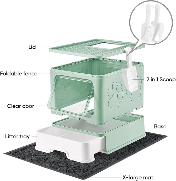 Medario Cat Litter Box with X-Large Litter Mat and Scoop, Large Covered Litter Box with Lid, Enclosed Kitty Box,Front Top Entry Exit, Odor Control Easy to Clean (Upgrade Green)