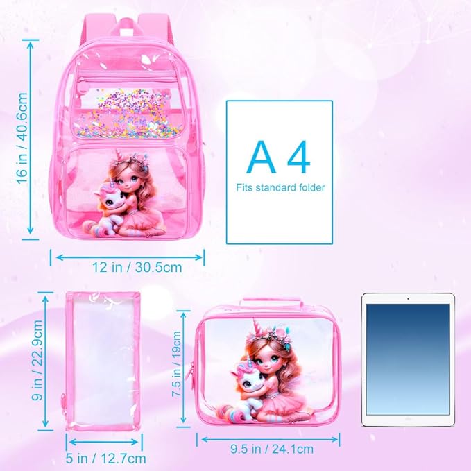 AGSDON 3PCS Unicorn Clear Backpack for Girls,16" Transparent Bookbag Heavy Duty, Cute See Through Backpacks with Lunch Bag - Pink