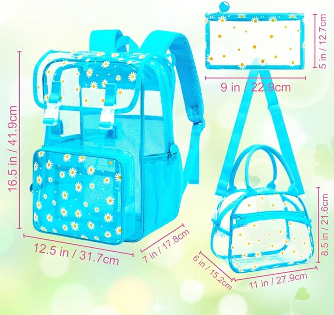 17" Daisy Clear Backpack for Girls - 3Pcs Flip Design Stadium Approved Set, Waterproof Campus/School Transparent Bookbag (Blue)