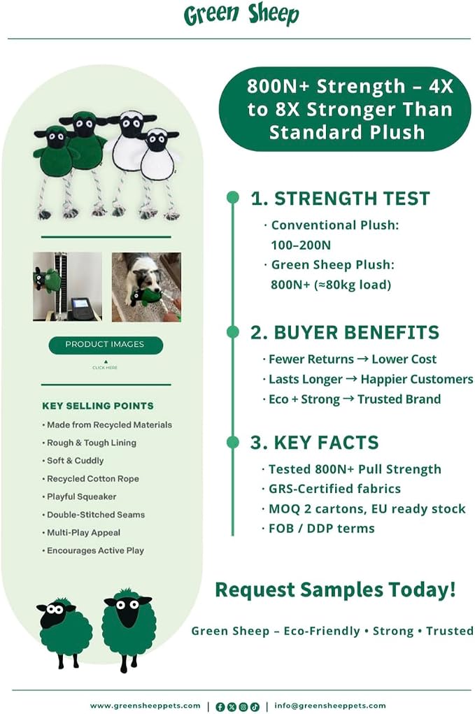 Green Sheep Rope Toy for Dogs, Durable Plush Dog Chew Toy with Squeaker, Interactive Pet Toy for Small Medium Large Dogs, Tough Recycle Cotton Rope & PP Cotton Stuffing