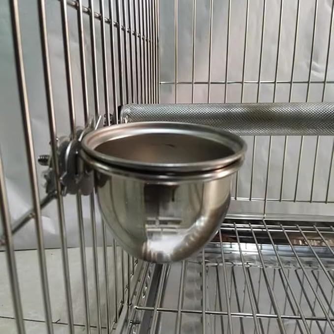 Cage Bird Feeder,Bird Food Bowl, Bird Food Cups,Stainless Steel Parrot Food and Water Coop Cup Bird Feeding Dish Feeder with Clamp Holder(7.5cm)