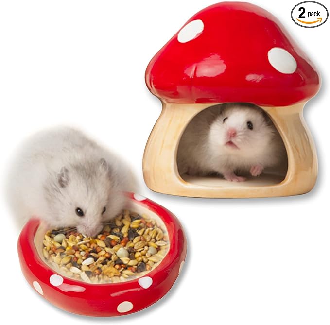 Ceramic Mushroom Guinea Pig House Hamster Hide Bed Includes Hamsters Food Bowl Guinea Pig Hideout for Hamster Chinchilla Hedgehog Rat Small Animals(Red Mushroom Set)