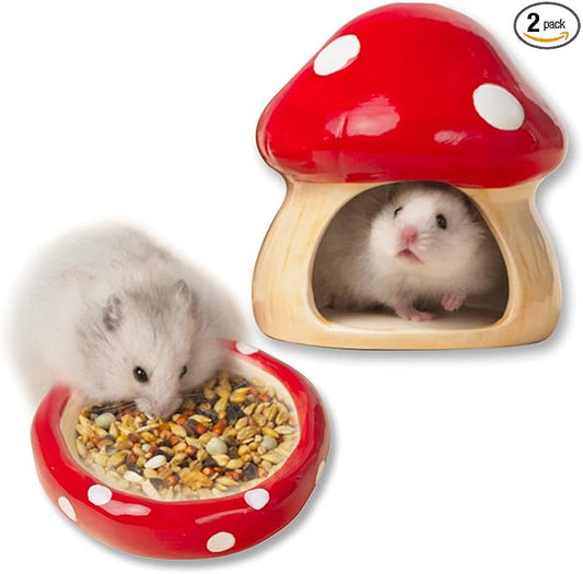 Ceramic Mushroom Guinea Pig House Hamster Hide Bed Includes Hamsters Food Bowl Guinea Pig Hideout for Hamster Chinchilla Hedgehog Rat Small Animals(Red Mushroom Set)